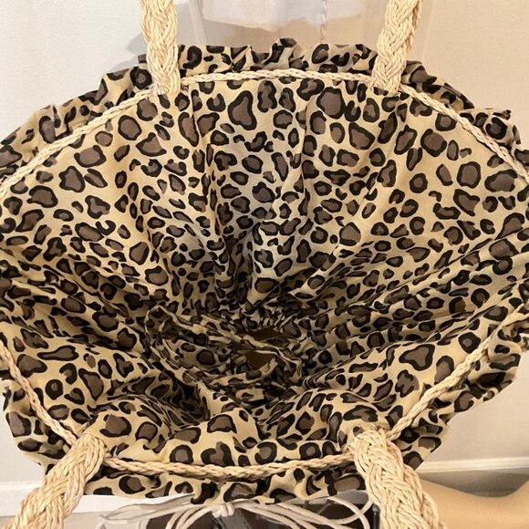 Straw wicker shoulder Bag with Leopard fabric details 2-double rope straps NWOT - Picture 4 of 5